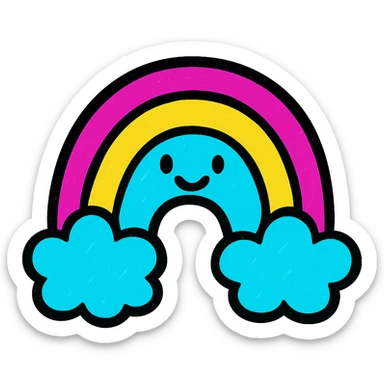 a cheerful rainbow with clouds, vivid and lively, pop colors style sticker