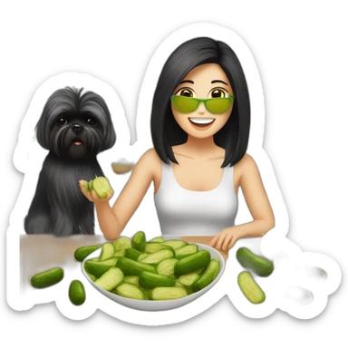 white woman with black long straight hair dancing salsa while eating pickles with a shih tzu dog sticker