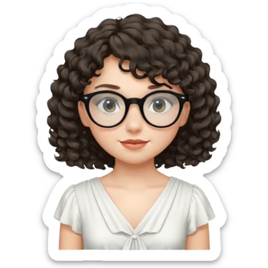 create a frontend girl that has a round face curly hair with a side curtain bangs and wears black rayban glasses doesnt smile with her teeth and white sticker