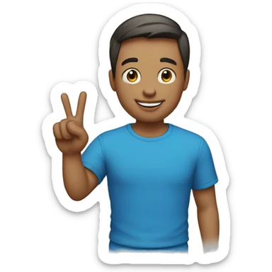 A portrait of a man with a short middle part haircut holding the peace sign and he is happy and he has a blue t shirt sticker