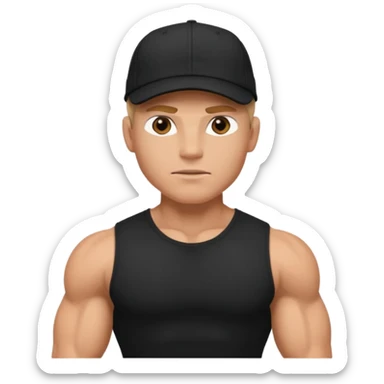An arrogant guy in a black t-shirt, he is muscled and has a cap  sticker