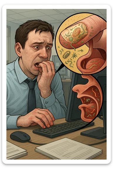 Anxious man at office desk unconsciously biting fingernails, microscopic overlay showing parasitic eggs and bacteria concentrated under nail beds, worms and microorganisms being consumed with each bite, expression of nervous habit unaware of contamination, computer screen reflecting his stress while he infects himself, fingertips raw and bleeding from chronic nail-biting, invisible parasite colonies entering his digestive system sticker