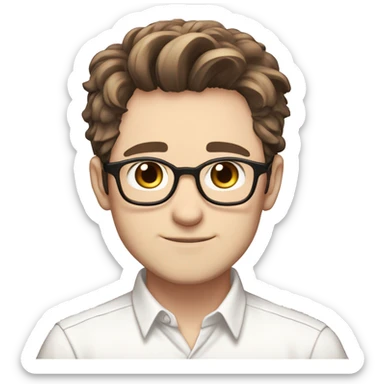 masterpiece, anime style, chibi, illustrated logo, medium short shot, 32 year old man, oval face, brown hair, glasses, brown eyes, white skin, white shirt, short hair
 sticker
