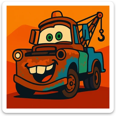 Mater from Cars, goofy expression, vibrant toon style sticker