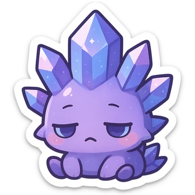 kawaii chibi style crystal sprite creature, purple, blue, and pink colors, sleepy expression, half-closed eyes sticker