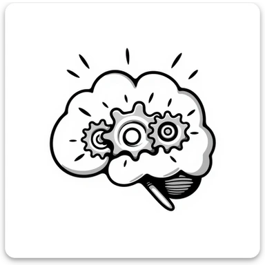 a brain with gears and sparks, playful hand-drawn doodle style sticker
