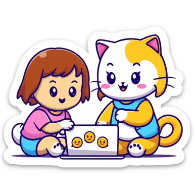 two girls watching a cute kitty drawing an emoji, playful cartoon style sticker