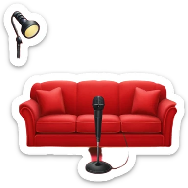 red velvet couch, stand microphone, houseplants, karaoke sign sticker