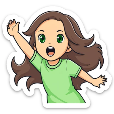 white girl, long brunette hair, green eyes screams with delight sticker
