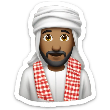  Wearing a traditional thobe (long white garment) and a red-and-white checkered keffiyeh (headscarf), short beard. sticker