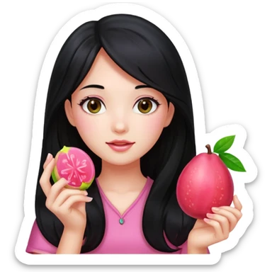 A girl with long black hair holding a piece of guava hard candy sticker