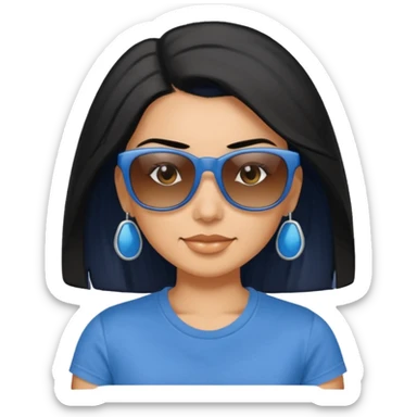 My Sexy wife with sunglasses, black hair, and awesomeness. She has some gray, she's super cute, and her sunglasses are on her head like she doesn't want to wear them. She has brown eyes and is just lovely. Her hair is down her back amd she is wearing a blur t-shirt that says "whiskey & sunshine". sticker