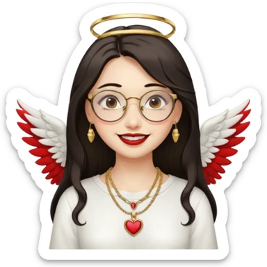 Angel girl with eyeglasses and Middle parted hair long dark hair with red lipstick  and push gold necklaces and dark eyes with withe wings and smile with withe teeth sticker