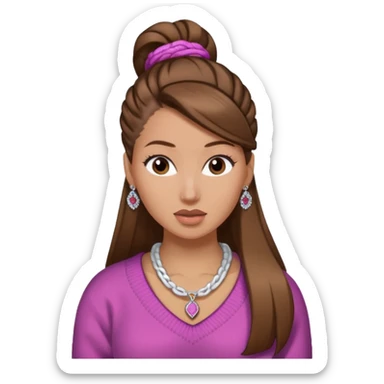 Chica blanca, pelo castaño recogido, jersey de invierno y Nicki sticker