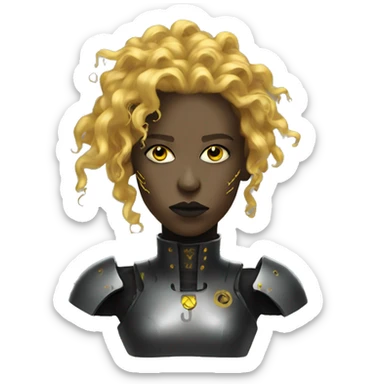 black metal female cyborg head with yellow gold curly hair sticker