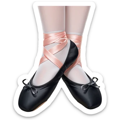 cinematic-realistic-ballet-shoes,-soft-satin-black-pointe-shoes-with-delicate-ribbons,-resting-gently-on-a-polished-wooden-floor,-subtle-creases-in-the-fabric,-glowing-under-the-warm-golden-light-of-a-rehearsal-studio,-evoking-ele sticker