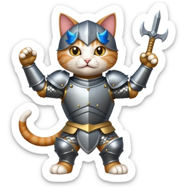 a cat wearing armor, defeating death triumphantly sticker