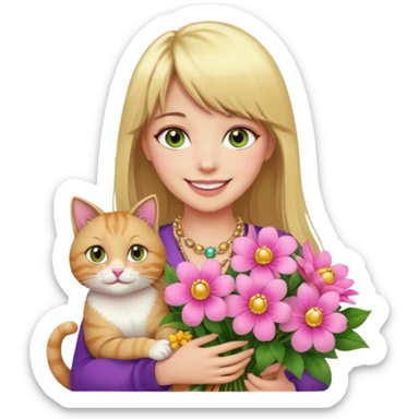 Long blonde haired with bangs, and big boobs smiling woman with hazel geen eyes, wearing pink and gold gemstone chains,  holding a big bouquet of beautiful bright flowers and cat sticker
