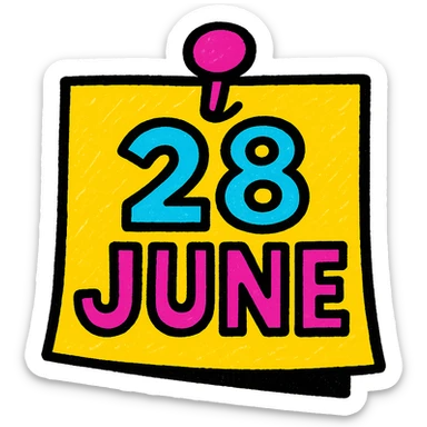 a playful, colorful note with a pin and '28 June' in bold text, pop colors style sticker