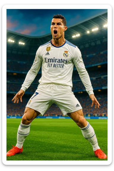 Cristiano Ronaldo in Real Madrid kit performing his iconic 'siu' celebration, energetic pose, stadium background, vibrant colors sticker