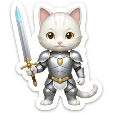baby chibi white cat in silver armor, full body, smile, hold a sword sticker