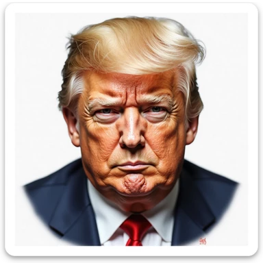 Donald Trump, as realistic as possible, high-resolution, lifelike skin and facial details, signature hairstyle, very cunning and foxy expression, plain background, almost no emoji influence sticker