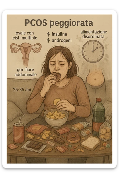 Donna tra i 25 e i 35 anni seduta sul divano o a un tavolo disordinato, circondata da cibi sparsi e poco sani: patatine, dolci, pane bianco, snack confezionati, bibite. Mangiando di fretta, ha un’espressione stanca e frustrata. Intorno a lei, in trasparenza o come illustrazione simbolica, si vedono gli effetti della PCOS peggiorata: ovaie con cisti multiple, squilibrio ormonale (↑ insulina, ↑ androgeni), gonfiore addominale. Sullo sfondo, orologio che corre o caos visivo che comunica disorganizzazione alimentare. Colori spenti e atmosfera stanca. Stile realistico con elementi simbolici e informativi. in italiano sticker
