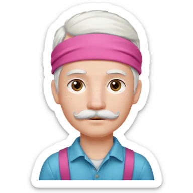 young climber boy with white hair and pink headband and mustache sticker