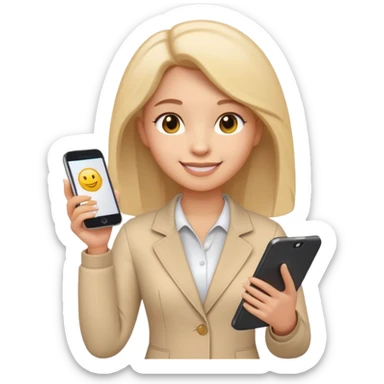 3D emoji style sticker, confident young woman, white background, smiling, standing upright, holding a smartphone and a document, relaxed and proud expression, student success vibe, soft lighting, minimalistic, clean astrology emoji style sticker