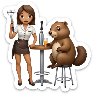 Woman standing beside bar stool with beaver sitting on bar stool holding a pair of hair clippers sticker
