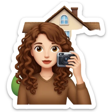 Woman with long curly hair taking a photo of a house sticker