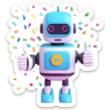 cute robot hand giving a thumbs up with a small AI badge and colorful confetti, signaling AI assistance in a lighthearted style sticker