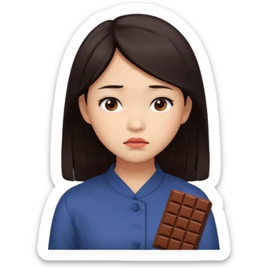 A young Asian female with a gloomy expression, thinking of chocolate sticker