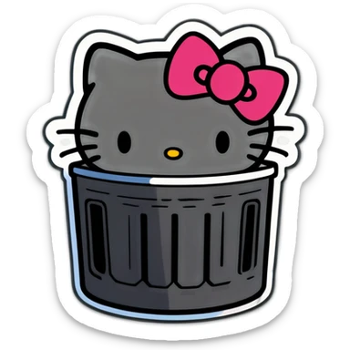 A trash bin that says GOODBYEEEE with hello Kitty in it sticker