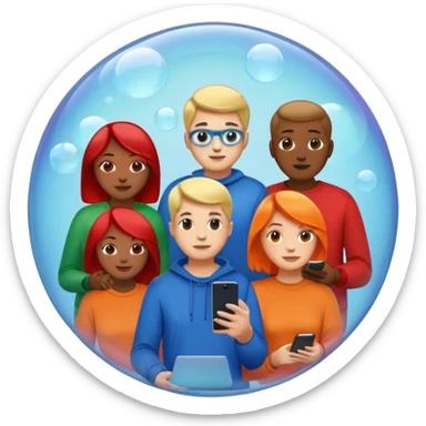 Multiple people inside colorful transparent bubbles (blue, red, orange, green), each using a smartphone or laptop. The people are in casual clothing, and the background is a simple cityscape with soft lighting. Emoji-style, clean and modern design. sticker