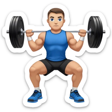 tanned powerlifter grey eyes black shorts black t shirt blue shoes barbell squats sticker