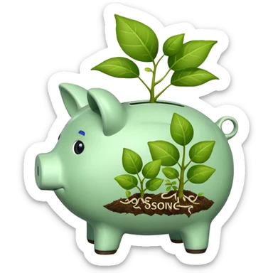 A piggy bank with plants visibly growing from the sticker