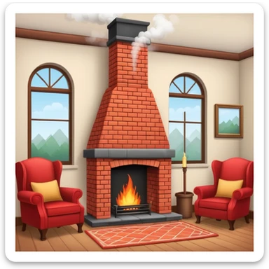 cozy red brick fireplace with a tall chimney and smoke rising from the chimney sticker