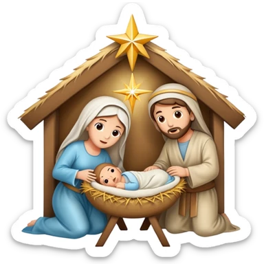 Nativity scene with baby Jesus in a manger, Mary, Joseph, and star above sticker