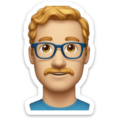 35 year old man with strawberry blond hair, clean shaved chin with moustasche, blue eyes and round tortoise-shell glasses sticker
