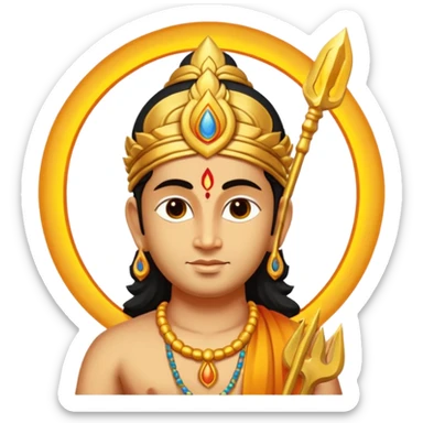 A minimal, divine emoji-style illustration of Lord Murugan, serene face, glowing vel (spear) symbol, bright golden aura, vibrant colors, simple rounded emoji design, high clarity, spiritual and peaceful expression, white background. sticker