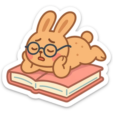 full-body biscuit bunny lying on a book with slipping glasses, pastel-toon style sticker