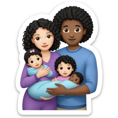 family: white woman curly black hair, black man with short black frizz hair, one 2 y o daughter , and a newborn in the and of the mother sticker