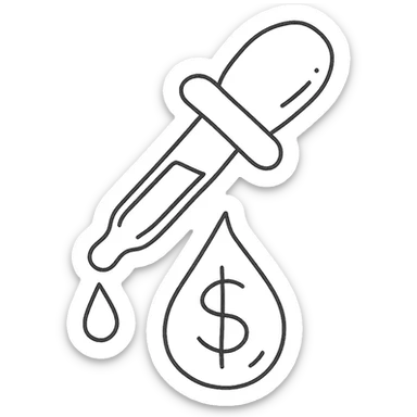 hand-drawn outlined pipette with a golden drop, dollar sign inside the drop sticker