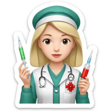 nurse wearing a christmas pullover and holding a a sting sticker