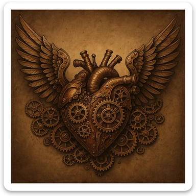 steampunk heart with mechanical wings, cogs and rivets, industrial Victorian aesthetic, detailed and artistic sticker