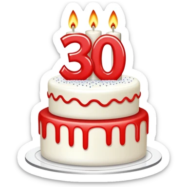 cake with red edges, white cream, glitter on top and two long, thin candles with the number 30 written on them sticker