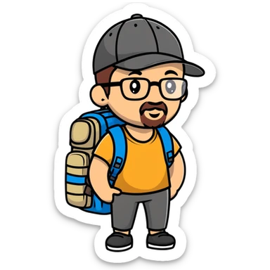 adventurer with goatee beard (no beard on cheeks), short hair, glasses, backwards baseball cap and backpack sticker