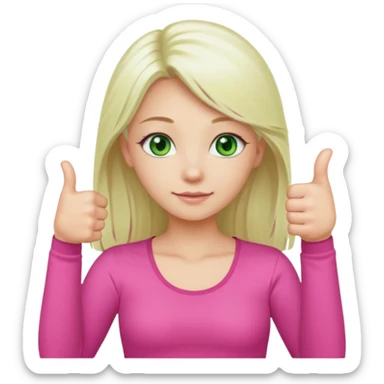 Long platinum blonde hair girl with green eyes in  pink top showing a thumbs up sticker