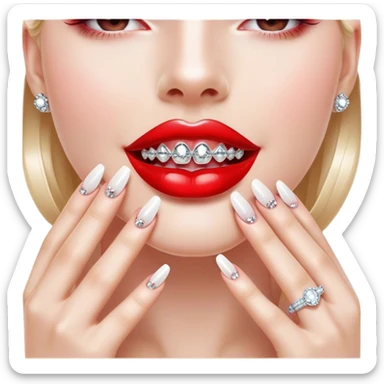 Glossy, bright red lips slightly parted. Inside, sparkling braces adorned with diamonds. A playful tongue touching the teeth. A long, elegant fingernail with a soft white shade. Highlights and reflections on the lips and teeth create a luxurious effect. sticker
